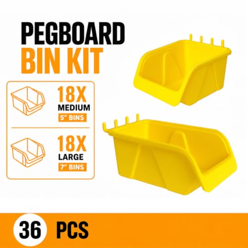 WALLPEG 36 Pack Pegboard Bin Kit – 18 Medium & 18 Large Yellow Peg Board Storage Bins | Parts Organizer for Garage, Workshop, Craft Room, Office & Workbench | Pegboard Accessory Organier | MADE IN USA