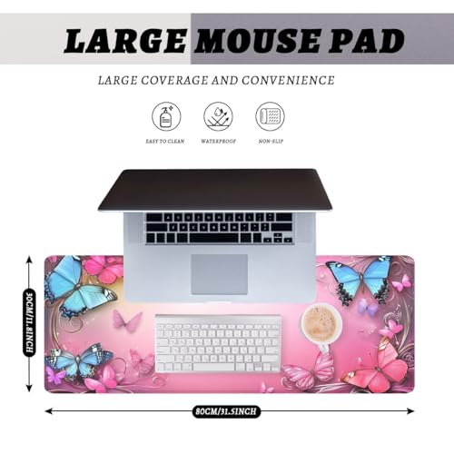 Pink Butterfly Mouse Pad Flowers Princess Blue Romantic Desk Mat, Non-Slip XL Computer Big Mouse Mat with Keyboard Pad for Work, Gamer, Office, Home 31.5x11.8 in - color: Pink Butterfly, size: 31.5L x 11.8W inches