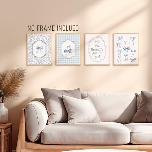 BRRNYOI Coquette Blue Bow Cherry Floral Wall Art Prints Set of 4, Blue and White Plaid Preppy Girly Posters Wall Decor for Girls Bedroom Dorm Apartment Home, 8x10 Unframed