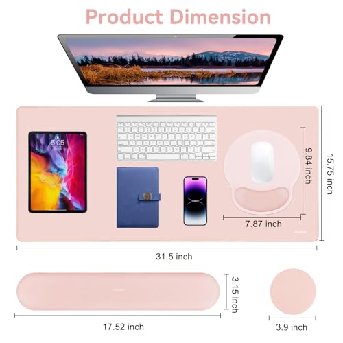 MOSISO Wrist Rest for Keyboard Mouse Pad Set, Large Gaming Deskpad&Circle Curved Mousepad&Keyboard Wrist Rest&Coaster, Ergonomic Non-Slip Mousepad&Easy Typing Pad with Silicone Lining, Baby Pink - color: Baby Pink