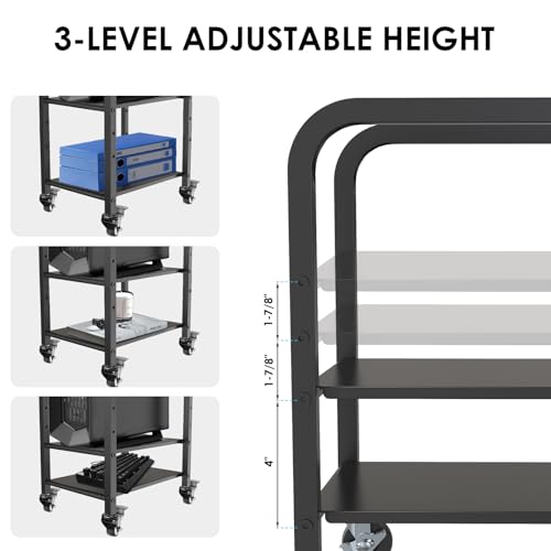 Computer Tower Stand, Height Adjustable PC Floor Stand 2-Tier for Mini/Mid Tower, Full Metal Rolling CPU Holder Cart with Locking Caster Wheels for Home and Office, Black