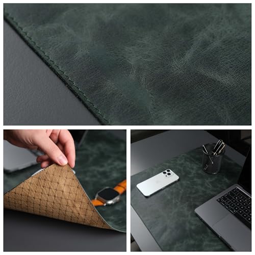 Jersey Genuine Calfskin Leather Desk Pad, Office Desk Mat with Non-Slip Bottom, Smooth Surface for Mouse & Keyboard, Desk Protector (36x19 inches) (Dark Green) - color: Dark Green