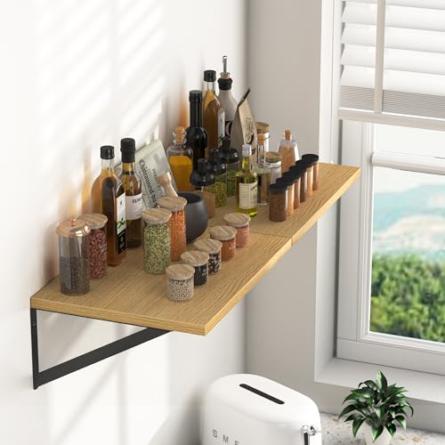 Heimlove 12 Inch Deep Floating Shelves for Wall, 16W x 12D Wood Wall Shelves Set of 2, Rustic Oak Wide Floating Bookshelf for Living Room, Kitchen, Office, Bedroom, with Black Metal Bracke - Oak - color: Oak With Black Metal Bracket, size: 16wx12dx5.8h