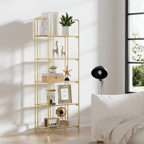Crofy 5-Tier Foldable Bookshelf, Gold Frame & Transparent Shelves | No-Assembly Collapsible Portable Storage Organizer; Sturdy Transparent Shelves; Ideal for Living Room & Home Office - color: Gold Frame & Transparent Shelf, size: 5 Tier