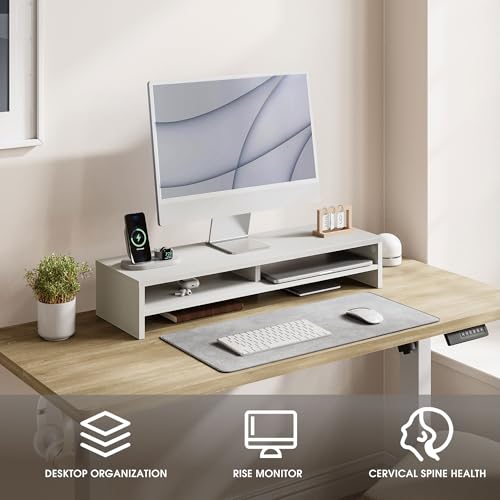 Fenge Monitor Stand, 31.5 Inch Computer Monitor Riser for Desk, 2 Tiers Wood Desk Shelf with Storage, Desktop Organizer for PC, Laptop, Screen, Printer - color: White