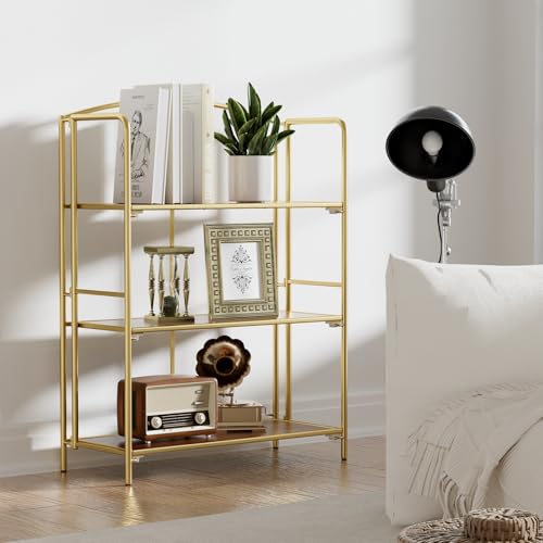 Crofy 3-Tier Wider Foldable Bookshelf, Gold Frame & Walnut Shelves | No-Assembly Collapsible Portable Storage Organizer; Sturdy Walnut Finish Shelves; Ideal for Living Room & Home Office - color: Gold Frame & Walnut Shelf, size: 3 Tier Wider