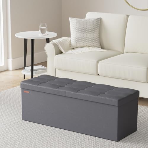 SONGMICS MAZIE Collection - 43 Inches Storage Ottoman Bench with Flipping Lid, Storage Chest with Iron Frame Support, Load 660 lb, for Living Room, Bedroom, Synthetic Leather, Dark Gray ULSF075G01 - color: Dark Gray, size: 15"D x 43"W x 15"H
