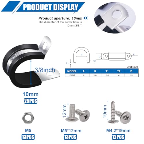 Twidec/50PCS 3/8 Inch Cable Clamp 304 Stainless Steel Rubber Coated Cushion Pipe Clamps,Metal Clamp,With Metal Rubber Clips For Automotive Wire Tube Pipe Clamps N-056-3/8 - size: 3/8 Inch - 50 PCS