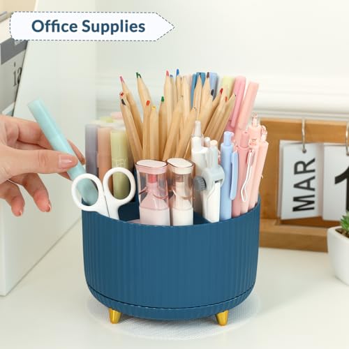 SKYDUE 360 Degree Rotating Desk Organizer, Dual-Purpose Pencil Pen Holder, Rotating Desk Pen Organizer with 5 Slots, Pencil Cup for Office, School, Home - color: Dark Blue_1Pack