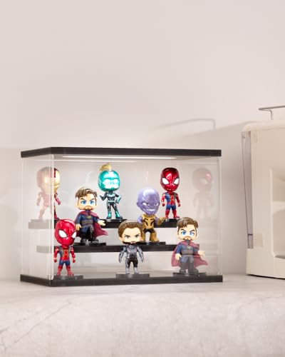 Clear Acrylic Display Case with Light , 3 Tier Display Box Stand Assembly Dustproof Protection Showcase for Collectibles Action Figures (Black 12.6×7×9in; 32×18×23cm) - color: Black With Light, size: 3 Tier 12.6×7×9in;32×18×23cm