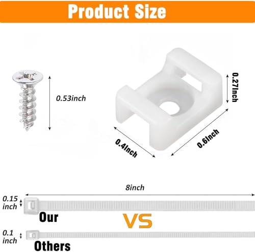 White Cable Zip Tie Mounts Kit-50 Pcs Cable Zip Tie Saddle Type Mounts Base with 50 Pcs 8" Cable Ties and 50 Pcs Tapping Screw, Wire Cable Clips Organizer Holders Clamps - size: B1-50PCS