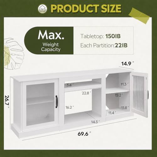 WLIVE 70-Inch Farmhouse TV Stand for 75/80 Inches TV, Tall Entertainment Center with Storage Cabinets, Adjustable Shelves, Cable Management, TV Console Table for Living Room with Acrylic Doors, White - color: White, size: 70'' Farmhouse TV Stand