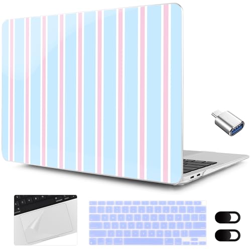 MEEgoodo for MacBook Air 13.3 inch Case 2021 2020 2019 2018 A2337 M1 A2179 A1932, Laptop Shell for MacBook Air M1 with Keyboard Webcam Cover & Trackpad Film & Type C Adapter, Pink and Blue Stripes - color: Pink And Blue Stripes