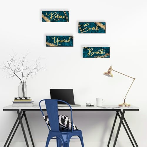 ONIZHITY 4 Pcs Teal and Gold Wall Decor - Rustic Marble Style Bathroom Accessories for Bedroom and Living Room (Teal Gold 10X4) - color: Teal Gold, size: 10 X 4 Inch