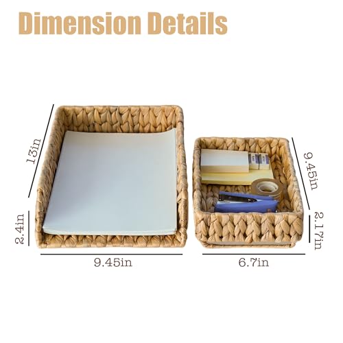PINXIURY Woven Water Hyacinth Paper Organizer for Desk – Set of 2 Letter Trays – Tabletop Folder & Document Storage Trays – Desktop File Organizer for Home & Office