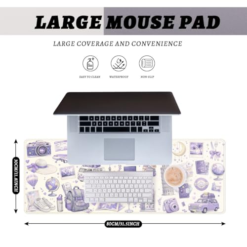 Travel Collage Gaming Mouse Pad Pastel Purple Paris Large Desk Mat Waterproof Stitched Edges Rubber Base Non-Slip Deskmap Computer Keyboard Mat Office Computer Keyboard Laptop 31.5"x11.8" - color: Travel Collage
