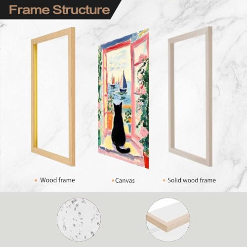 Vintage Colorful Black Cat Wall Art Funny Floral Oil Painting Poster Aesthetic Animal Print Window Landscape Picture for Dorm Bedroom Gallery Living Room or Pet Lover 8x12inch Wood color frame - color: Colorful - Wood color PVC frame, size: 8"L x 12"W