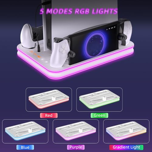 PS5 Pro / PS5 / Slim/Stand and Cooling Station with LED Controller Charging Station for PlayStation 5 Slim Disc/Pro Digital Edition Console with 3 Level Cooling Fan, WhiteLighting - color: White