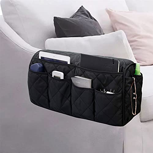 Armchair Caddy, Sofa Armrest Organizer with 14 Pockets, Waterproof Non Slip Recliner Remote Control Holder, Couch Chair Arm Storage for TV Remotes, Phone, iPad, Magazine, Books - color: Black