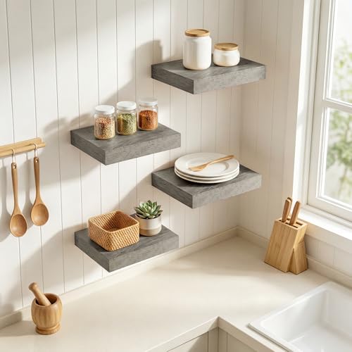 RICHFOCUS 8 Inch Floating Shelves for Wall Small Square Shelves Set for Bedroom|Kitchen|Bathroom|Laundry Room Rustic Wood Wall Mounted Shelf with Invisible Brackets for Books|Storage|Decor, Grey - color: Grey, size: 8"L x 8"D, Set of 4