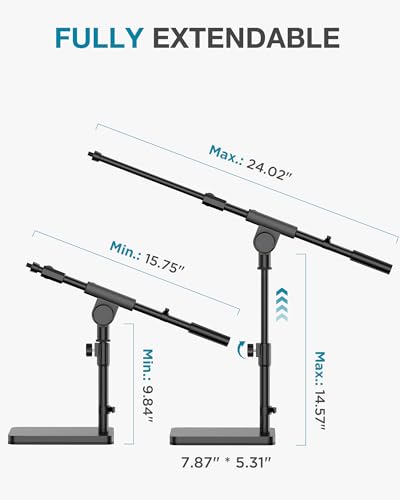 InnoGear Adjustable Desk Microphone Stand, Weighted Base Boom Arm Mic Stand, 3/8'' and 5/8'' Threaded Mounts for Blue Yeti HyperX QuadCast SoloCast Fifine, Kick Drums, Guitar Amps, Black, Large - size: Large
