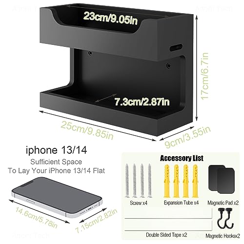 NiHome Wall Mounted Wooden Bedside Accessories Organizer, Double Tray Bedside Storage Shelf Rack with Magnetic Hooks, Bedroom Dorm RV Wall Caddy Holder for Phone Glasses Alarm Clock Remote (Black) - color: Black, size: Small