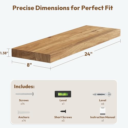Flat Edge Elm Wood Floating Shelf with Invisible Bracket 24”Natural - color: Natural, size: 24”,set of 2
