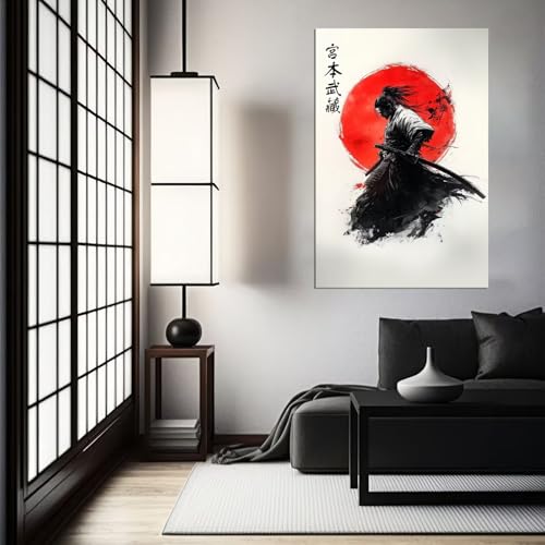 HQLLingArt Miyamoto Musashi Wall Art Paintings Japanese Samurai Wall Decor Home for Living Room Bedroom Asian Artwork Canvas Prints Framed Ready to Hang(12''W x 16''H) - color: samurai art-21, size: 12"L x 16"W