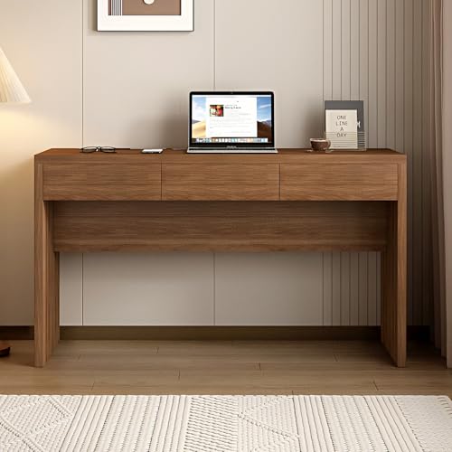Messenya 55-Inch Office Desk with Pull-Out Outlet, Computer Desk with 3 Sturdy Drawers, Writing/Gaming/Work/Study Desk for Bedroom, Living Room & Home Office, Brow (Brown, 55) - color: Brown, size: 3-drawers