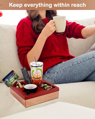 Couch Cup Holder Tray, Silicone Wooden Couch Caddy with Cup Holder for Snacks, Drinks, Remotes, Waterproof Cup Holder for Couch, Organizer, Couch Drink Holder, (red) - color: F-red