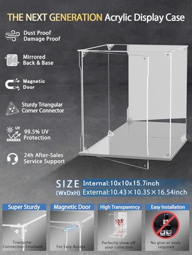 Clear Acrylic Display Case with Mirrored Back and Base, UV Protected Acrylic Box with Magnetic Door, Dustproof Display Box Showcase for Collectibles, Figures, Models, Toys (12x12x12inch) - size: 12x12x12 inch
