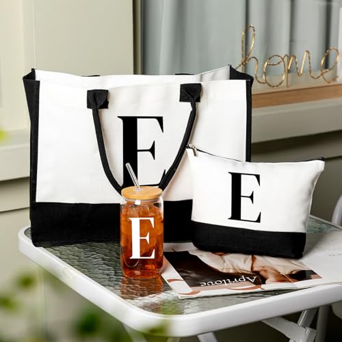 Aliceset Initial Gifts for Women Monogram Canvas Tote Bag and Makeup with Zipper and Initial Glass Coffee Cup Gifts for Her - style: Letter E
