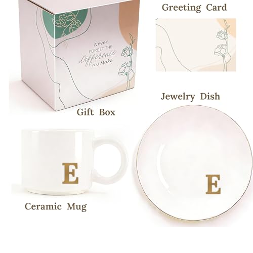 RainVibe Elegant Gift Set for Women – Personalized Monogram Ceramic Mug & Jewelry Tray – 12 oz Gold-Initial Coffee Cup with Gift Box, 4.75" Decorative Dish for Rings, Earrings, Keys (Letter E) - color: Letter E
