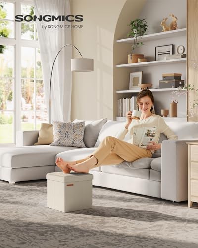 SONGMICS Storage Ottoman, Foldable Small Ottoman Foot Rest, 11.8 Inches Foot Stool, Cube Ottoman with Storage, Load up to 286 lb, for Living Room, Bedroom, Dorm, Cream White ULSF028W01 - color: Cream White, size: 11.8"D x 11.8"W x 11.8"H