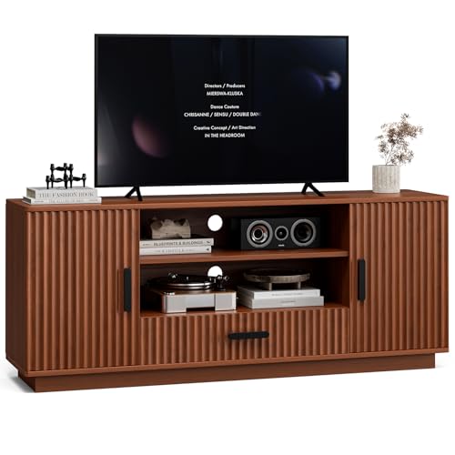 LCRBOL TV Stand for up to 70" TV, Mid-Century Entertainment Center, Walnut | 63"W x 15.4"D x 25"H, 2 fluted cabinets, 1 drawer & open shelves, top holds 200 lbs, cable management, ~90 min assembly - color: Brown