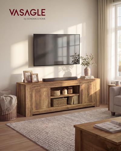 VASAGLE TV Stand, Farmhouse Entertainment Center with Storage Cabinets, Media Console Table for Living Room, Bedroom, for 80 Inch TV, 70 x 15.7 x 23.6 Inches, Honey Brown ULTV624K101S - color: Honey Brown, size: 70"L