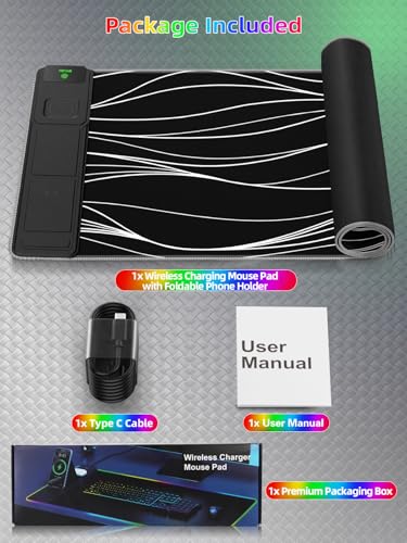 Mouse Pad with Foldable Phone Holder & Wireless Charger, XXL RGB Gaming Mousepad 31.5"x15.8" Large Desk Mat for Keyboard, Black Desk Pad with Dual Qi Charging Station | 11 Colors 5 Modes - color: Wave-Phone Holder-31.5"x15.8"