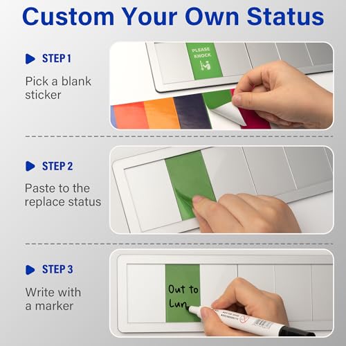 Office Door Signs with 6 Printed Status Options – Do Not Disturb, Out of Office, In a Meeting, Please Knock, Work from Home, Back Soon – Includes Custom Personalized Blank Sticker for Privacy Workspace or Studio Available and Away - style: Brushed Silver