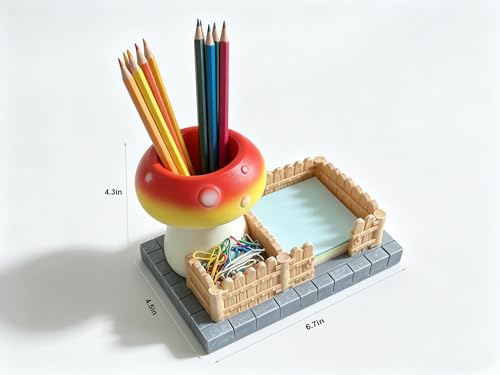 Mushroom Desk Organizer Resin 3 Compartments Pen Holder Cute Office Desk Accessories with Sticky Note Paperclip Holder for Home School Office Decor