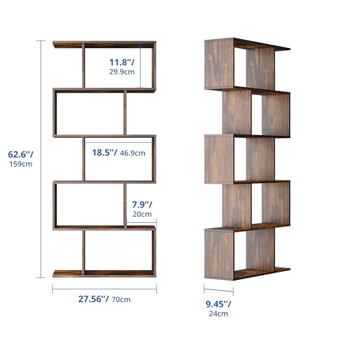 Cozy Castle Set of 2 Geometric Bookcase, S-Shaped Modern Bookshelf, Room Divider Bookshelf, 62" Tall Unique Abstract Bookcase with 5-Tier Display Shelf for Living Room Office, Rustic Brown - color: Rustic Brown