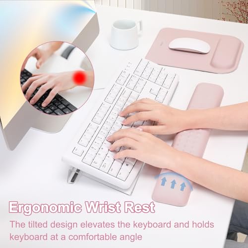 MOSISO Computer Keyboard Stand&Wrist Rest Support for Keyboard &Mouse Pad Set, Ergonomic Massage Wrist Rest Set, Easy Typing Working Acrylic Clear Stand for Office Home, Pink - color: Pink