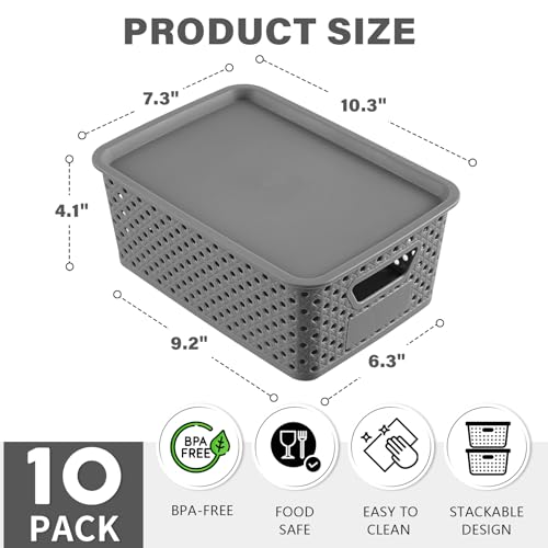 10 Pack Small Plastic Storage Bins with Lids, Stackable Plastic Storage Baskets for Organizing with Handles, Organizer Bins with Labels for Room,Craft,Containers for Pantry Organizers and Storage,Grey - color: Gray