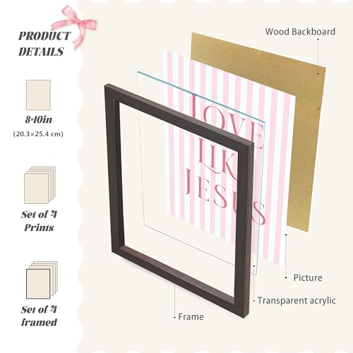 LARTSFRO Coquette Pink Bow Jesus Wall Art Decor Posters, Pink Bow Room Bedroom Bathroom Dorm Wall Art Decor Aesthetic for College Teen Girls Gifts, Inspirational Bible Verses Bow Wall Decor, 10x8 Inch Set of 4 Pcs Bow Pictures (DARK FRAMED) - color: Black