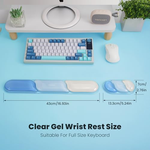 TECKNET Clear Gel Wrist Rest for Computer Keyboard, Ergonomic Gel Keyboard Wrist Rest Set for Typing Pain Relief, Comfortable Silicone Wrist Support Pad for Office/Computer/Laptop/Gaming, Blue