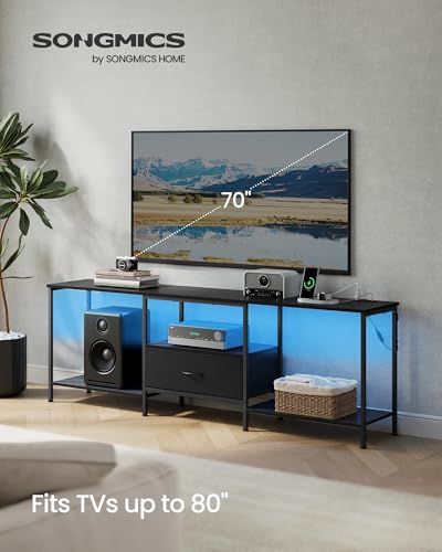 SONGMICS BELLAH Collection - TV Stand for TVs Up to 80 Inches, Media Console Table and Entertainment Center Unit for Living Room, with Shelves and Drawer, Steel, Modern, Ink Black ULGS231B101S - color: Ink Black, size: 13.8"D x 70.5"W x 23.6"H