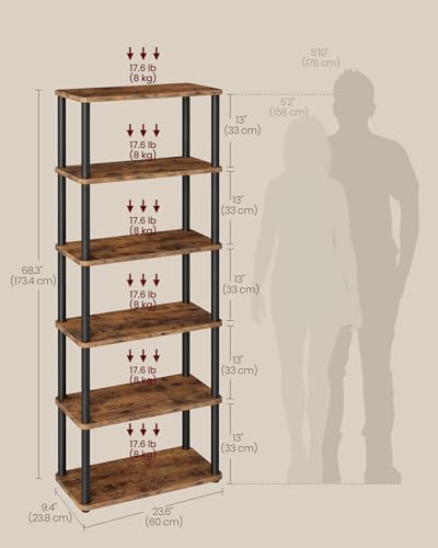 VASAGLE Superfast Toolless Assembly, 6-Tier Shelf for Living Room, Standing Shelf, Bookshelf, Bedroom, Kitchen, 9.4 x 23.6 x 68.3 Inches, Rustic Brown and Ink Black ULLS166K01 - color: Rustic Brown + Ink Black, size: 6 Tiers (23.6"W)