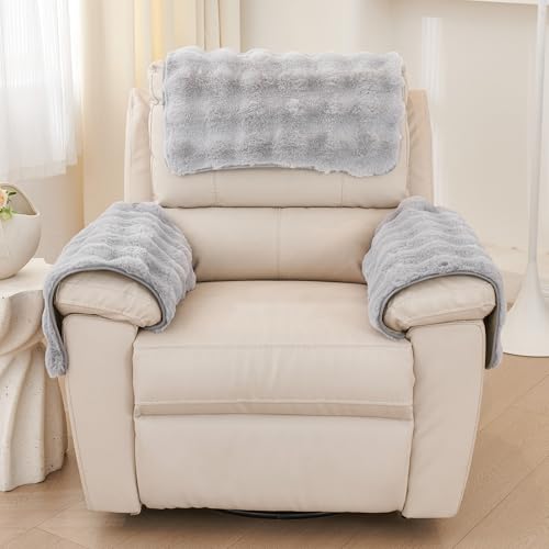 vctops 3 Pieces Faux Rabbit Fur Sofa Armrest Cover for Recliner Chair Non Slip Fluffy Furry Headrest Cover Soft Fuzzy Couch Cover for Dogs Washable Furniture Protector (Light Grey,1 Seat) - color: Light Grey