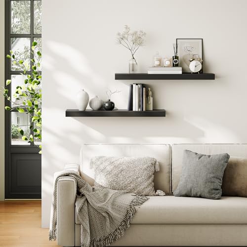 HOOBRO Floating Shelves for Wall, Wall Mounted Shelf Set of 2, 31.5" Hanging Shelf with Invisible Brackets, for Wall Decor Storage in Bathroom Bedroom Kitchen Living Room Office, Black BK80BJP201 - color: Black, size: 31.5 Inches