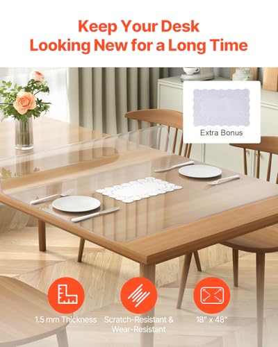 VEVOR Clear Table Cover Protector, 18" x 36" Customizable Plastic Desk Protector, 1.5 mm Thick Clear PVC Cover, Waterproof Desktop Guard for Writing, Coffee, Dining Room Desk - size: 36" x 18" (Rectangular)