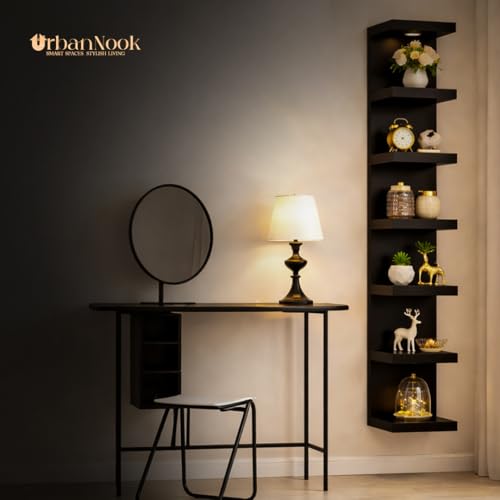 7 Tier Wall Shelf Unit,Black Lack Wall Shelf,Display Floating Shelf with LED Remote Control Light - color: Black